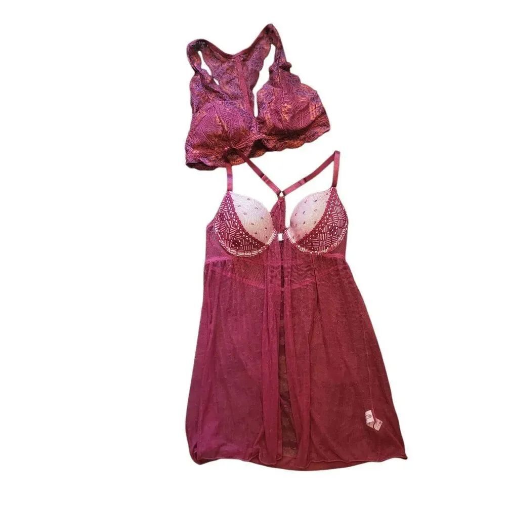 Women's Small Bralette Babydoll Set Burgundy Red Lace Sexy Date Night